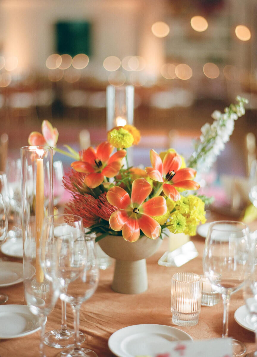 Reflexed tulips took centerstage in the centerpieces at an art-inspired wedding reception.