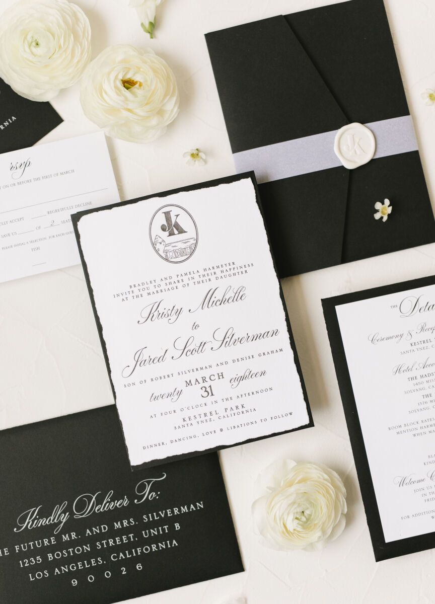 Wedding invitation wording etiquette: See more black and white wedding invitations by Darla Marie Designs